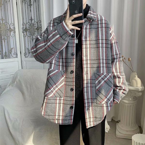 

2021 new plaid men's fashion retro casual coat men wild loose korean style oversize woolen jacket mens overcoat m-2xl 5czh, Black