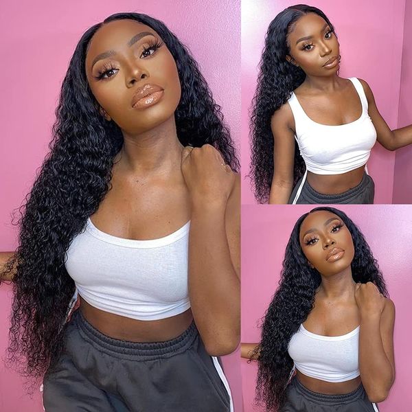 

hd-transparent curly-lace-front-wigs human-hair pre-plucked for black-women - glueless kinky water wave hd lace frontal wigs deep curly huma, Black;brown
