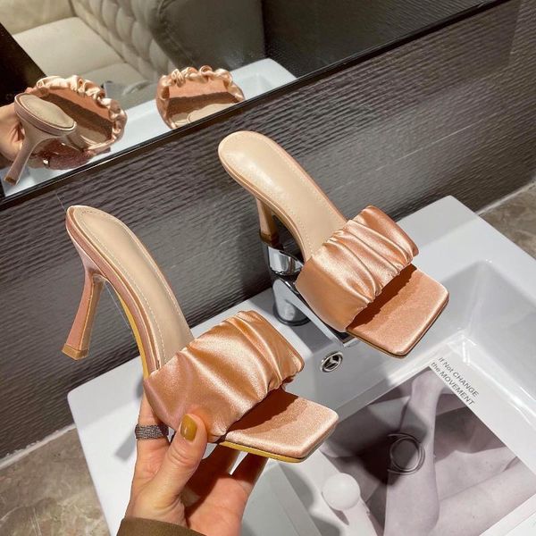 

new fashion women shoes summer candy colors solid pleated slippers square toe pu slides outside black size35-42