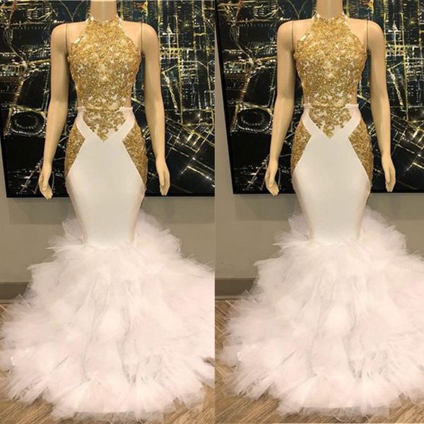 Glamous Golden Lace Appliques Prom Vestidos Sexy Halter Neck Ruffles Cocktail Vestidos Elegante Dubai Sereia 2022 Vestidos de baile