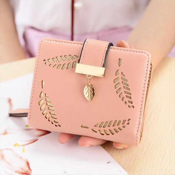 

women wallet short purse gold hollow leaves pouch handbag zipper pocket for girls coin fashion card holder carteira, Red;black