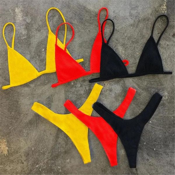 

women's swimwear 2021 neon yellow micro thong bikini women female swimsuit two-pieces set ribbed bather mini bathing suit swim, White;black