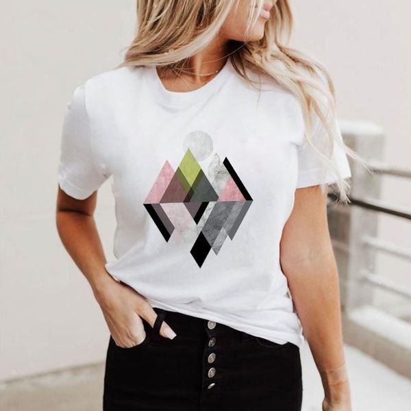 

women's t-shirt luslos women summer short sleeve t shirts geometry print beautiful girls tees o-neck polyester casual white t-shirts