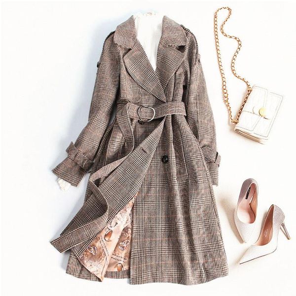 

women's trench coats fashion female windbreakers 2021 autumn women plaid coat double-breasted long overcoat with belt outerwear r1172, Tan;black
