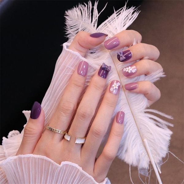 

false nails 24pcs set rosette flower 3d rhinestone ombre purple short square press on fake with designs sxy-29, Red;gold