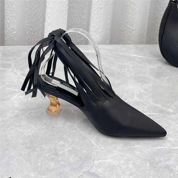 

dress shoes fringed design ladies high-heeled pointed toe transparent fashion party, Black