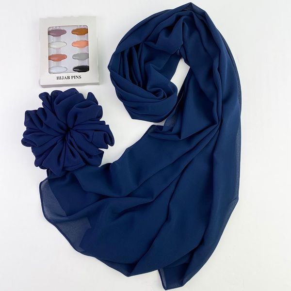 

scarves scrunchie box pins for women hijab with heavy bubble chiffon fashion solid navy blue shawl gifts set, Blue;gray
