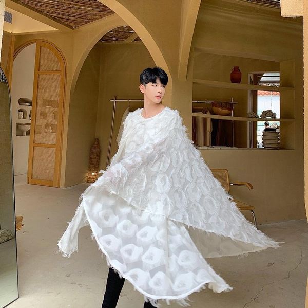 

male streetwear gothic dress shirt men oversize bat long sleeve pullover shawl cloak shirt stage fashion show clothing1, White;black