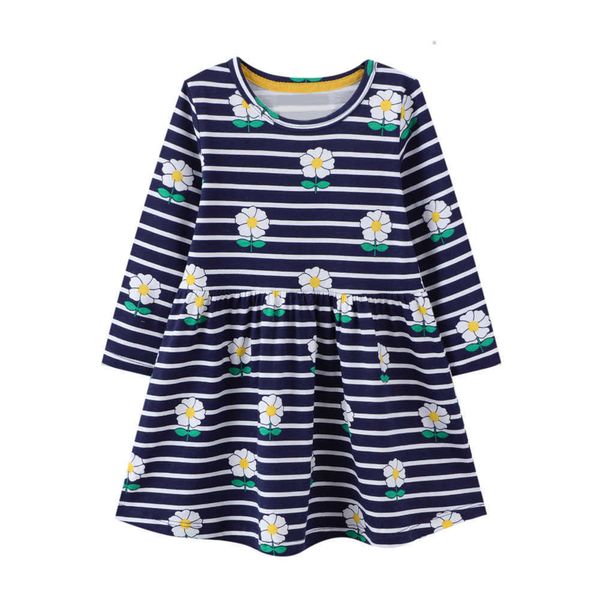 Crianças roupas meninas listra flores vestido longo manga vestido bebê criança cor retalhos desenhos animados gato vestidos de algodão infantil q0716