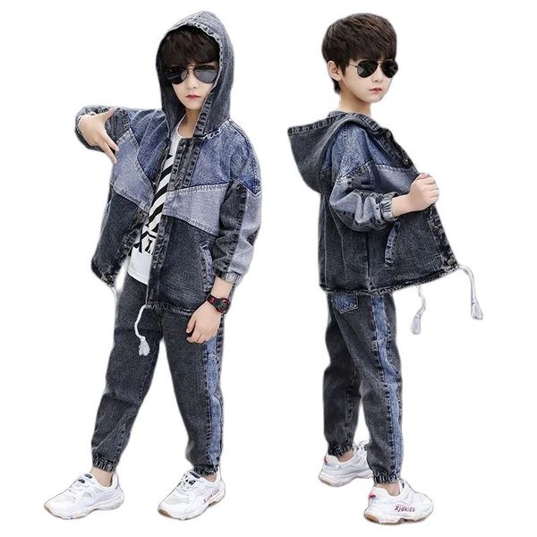 

spring & autumn cowboy boy sets new 2021 korean version fashion long sleeve hooded patchwork 2-piece casual childrens clothing, White