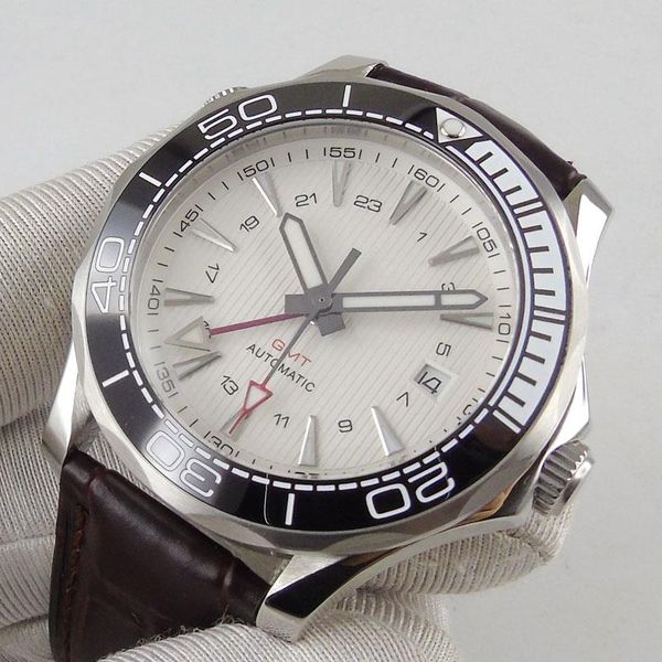 

wristwatches 41mm white sterile dial ceramic leather men's watch automatic gmt movement sapphire glass date window, Slivery;brown