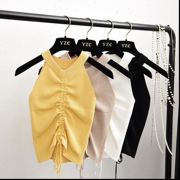 

stretchable knit v neck crop camis summer women solid camisole tank shirt for female, White