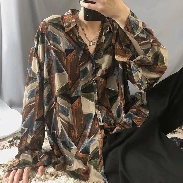 

men's casual shirts korean flower printed shirt women's 2021 spring summer high street hip-hop vintage loose trend long-sleeved, White;black