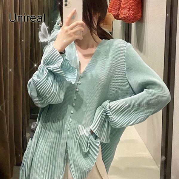 

women's blouses & shirts ordi2021 summer vintage women blouse shirt long sleeve casual loose cute girls pleated, White