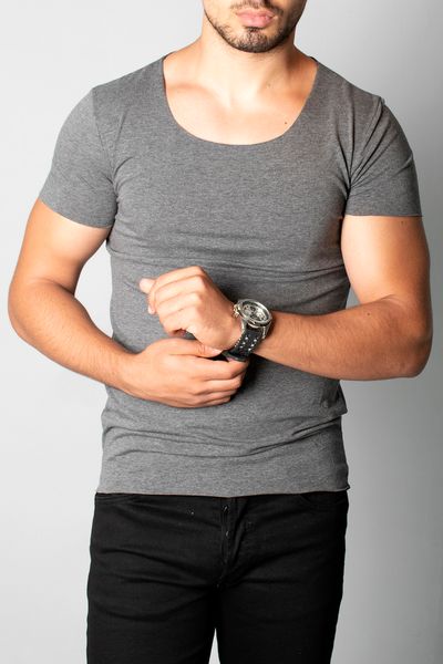 

Male Antracite Wide Collar Basic T-shirt 100 Cotton Slim Fit Lycra Short Gym Running Party Spring Summer 1801199 On3o, White;black