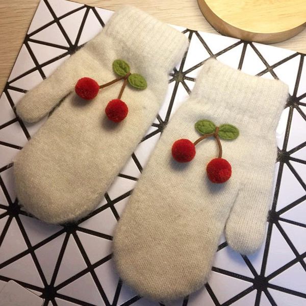 

five fingers gloves women' winter thick knitted fur double layer warm women cute full finger fashion girls cherry, Blue;gray