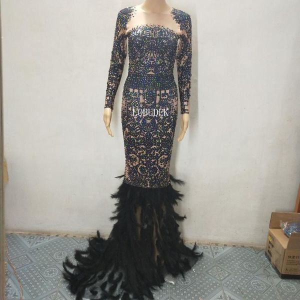 

casual dresses female sparkly stones long sleeve dress black feathers trailing nightclub party stage costume winter bar prom clothing, Black;gray