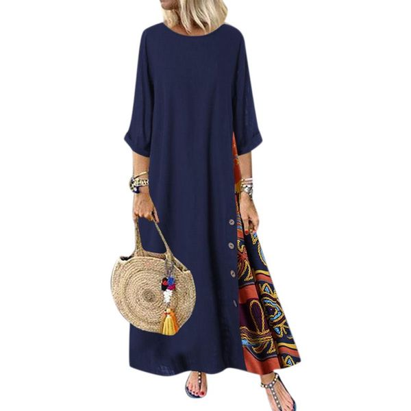 

casual dresses vintage dress for women floral print patchwork long plus size loose three quarter sleeve woman maxi dress#w, Black;gray