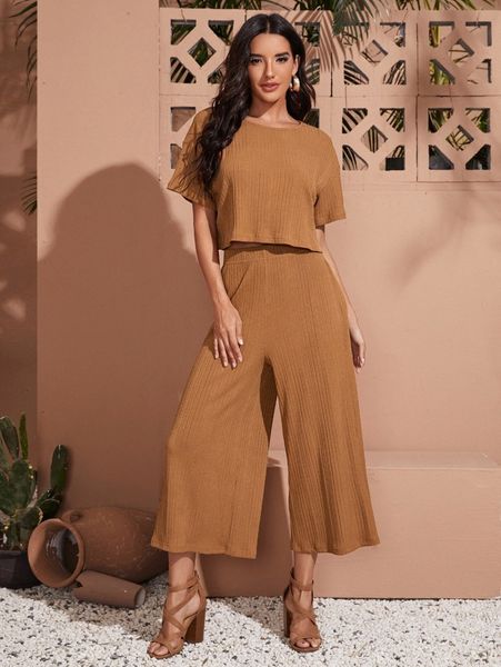 

drop shoulder solid plisse & palazzo pants set j812#, White