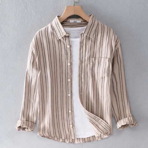 

2021 new 100% linen coffee color stripe brand long sleeve fashion shirts for men casual breathable shirt mens overhemd chemise 3rk5, White