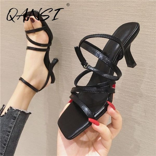 

sandals 2021summer square toe open buckle cross strap elegant high heel women's shoes the roman sandalias de punta cuadrada, Black