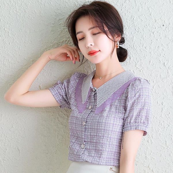 

women's blouses & shirts purple plaid korean fashion summer clothing short sleeve vintage vetement femme 2021 female, White