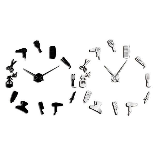 

diy barber shop giant wall clock with mirror effect barber toolkits decorative frameless clock watch hairdresser wall art