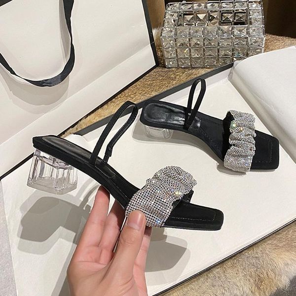 

sandals two-wear women's high-heeled shoes with square toe and rhinestone slippers women, Black