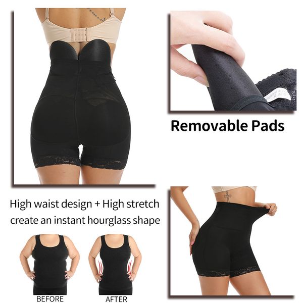 

padded butt lifter hip pads high waist shapewear push up booty enhancer tummy control panties buttocks lift women body shaper, Black