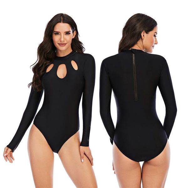 

black swimwear women 2021 one piece swimsuit long sleeve bodysuit sports bathing suit plus size beachwear rash guard bikini