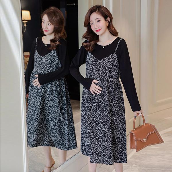 

2103# 2021 spring korean fashion patchwork print cotton maternity long dress sweet elegant clothes for pregnant women pregnancy, White