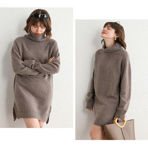 

women's sweaters knitted mid-length wool sweater loose plus size dress warm long-sleeved turtleneck pullover cashmere bottoming shirt, White;black