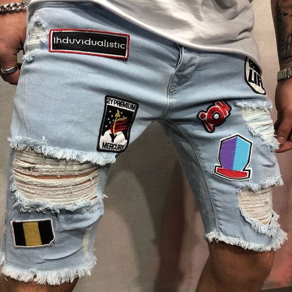 

2021 new men cotton distressed denim shorts ripped jean male casual holes summer short mens h1xe, Blue