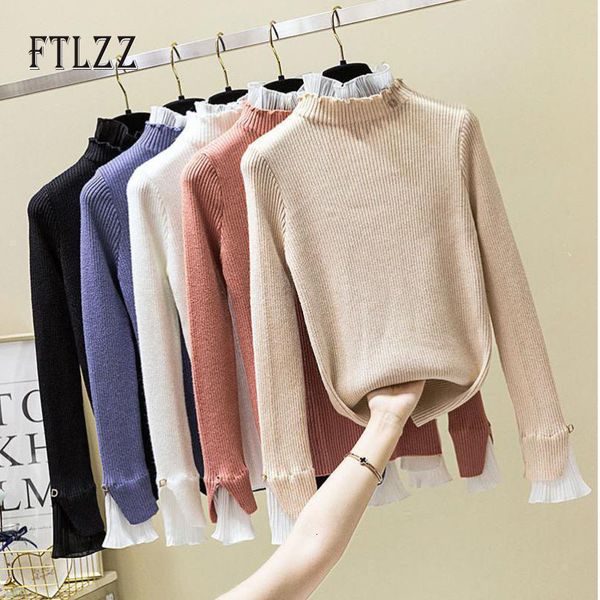 

2021 woman fashion streetwear solid turtleneck knitted sweater spring autumn women slim basic warm lace knit pullover tyap, White;black