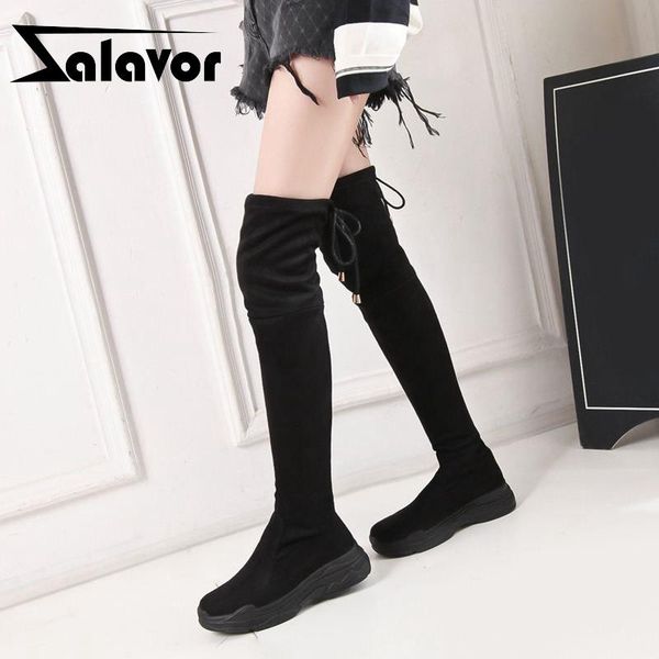 

boots zalavor winter warm flats women over knee stretch shoes for women's brand fashion strap casual long size 34-43, Black