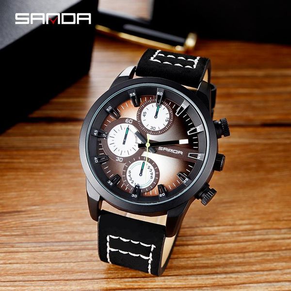 

wristwatches sanda large dial men's belt quartz watch waterproof fashion trend personality leisure relogio masculino 5007, Slivery;brown
