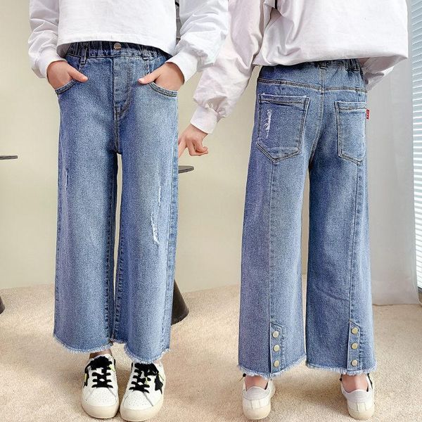 

jeans fashion children's wide leg for girls kids cotton high waisted trousers baby side slit button denim pants age 4 to 13 year, Blue