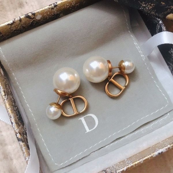 

2021 new d family cd pearl earrings advanced sense old bronze front and rear korean, Golden