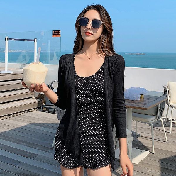 

one-piece suits swimsuit female boxer conservative thin cover belly long-sleeved korean ins fairy fan plus size swimwear