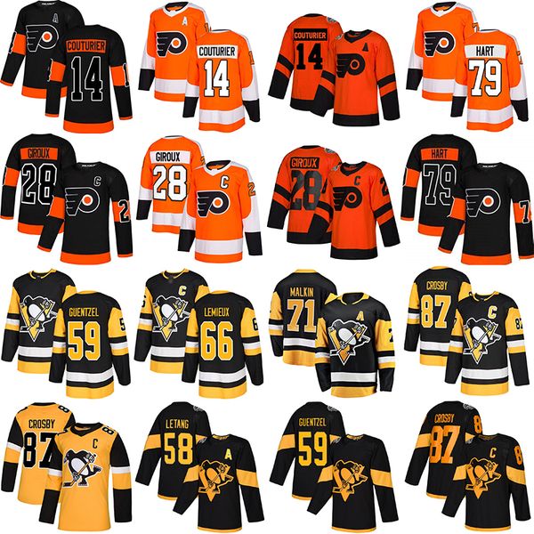 

87 sidney crosby 71 evgeni malkin 58 letang 59 guentzel 66 lemieux 79 carter hart 28 claude giroux 14 sean couturier hockey jerseys, Black;red