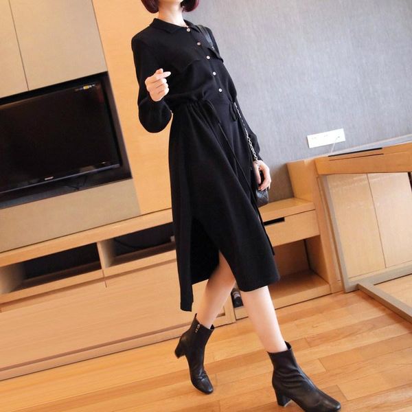 

casual dresses 2021 year elegant dress women long sleeve singer button knitted korean with sashes green pink winter rope, Black;gray