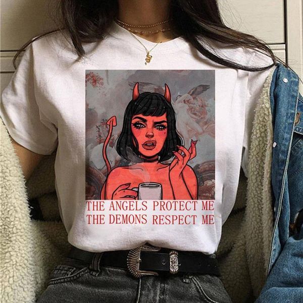 

the angels protect me the demons respect me print t-shirt women tshirt harajuku vintage loose tee women's fashion t-shirt, White