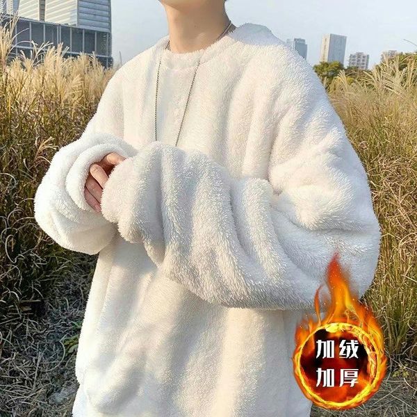 

men's hoodies & sweatshirts plus velvet thick hoodie warm fashion solid color casual o-neck sweatshirt men streetwear hip-hop loose pul, Black