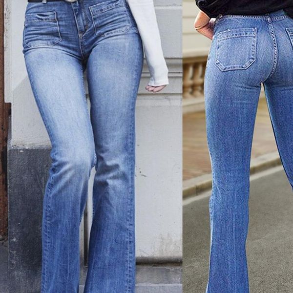 

fashion loose high waist women jeans wide leg skinny slim flare pant denim retro bell bottom stretch trouser, Blue