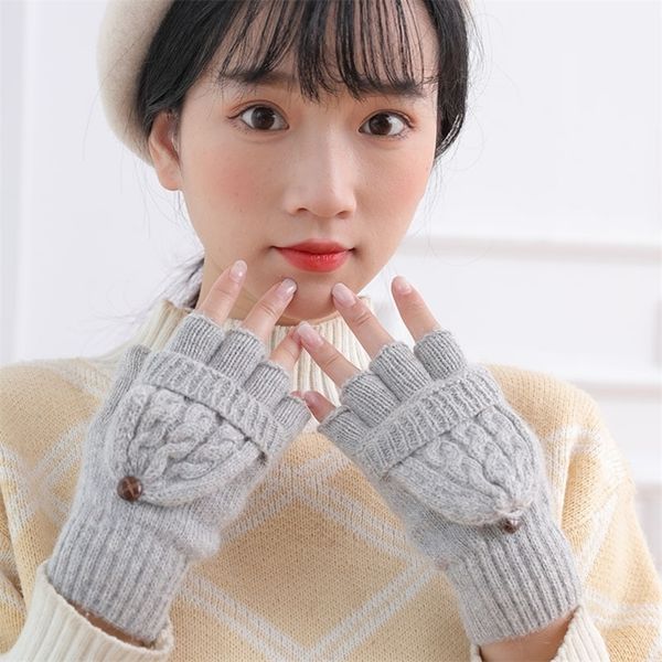

hand wool gloves women's autumn winter knitted korean lovely flip cover men women cycling outdoor warm half finger, Black