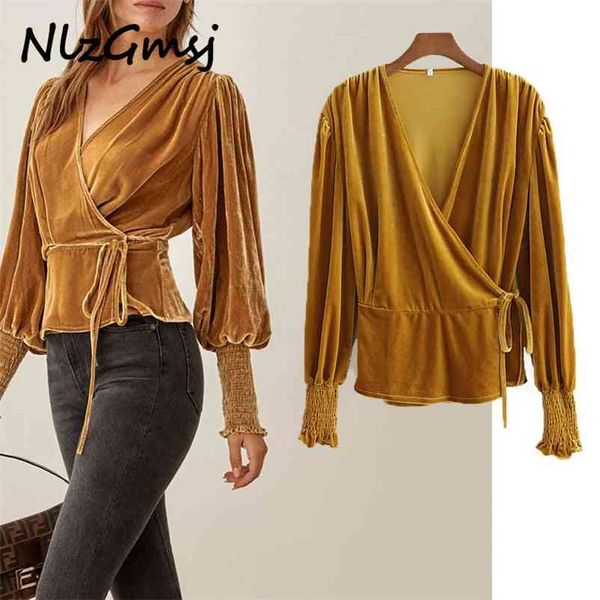 

blouse womens vintage velvet ladies long sleeve v neck lace up solid shirts spring female clothes 210628, White