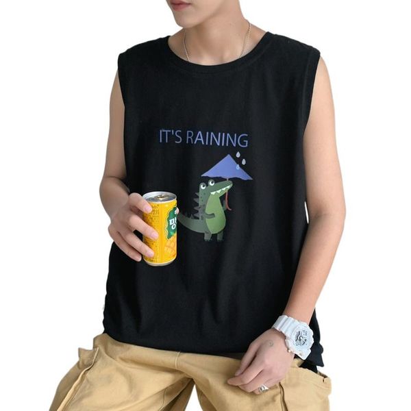 

men' tank round neck vest summer running training stretch gym shirt printing casual fashion for men, White;black