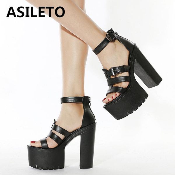 

asileto women sandals new 2021 open toe 14.5cm block heels thick bottom platform punk cool zip big size 35-42 casual a3649, Black