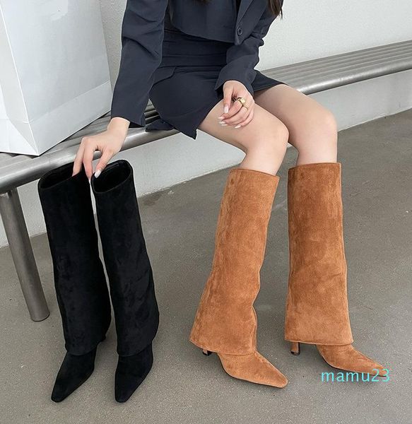 Botas Mulheres 2021 Sapatos Sexy Coxa Alto Saltos de Inverno Senhoras Senhoras Borracha Over-the-Knee Pointy