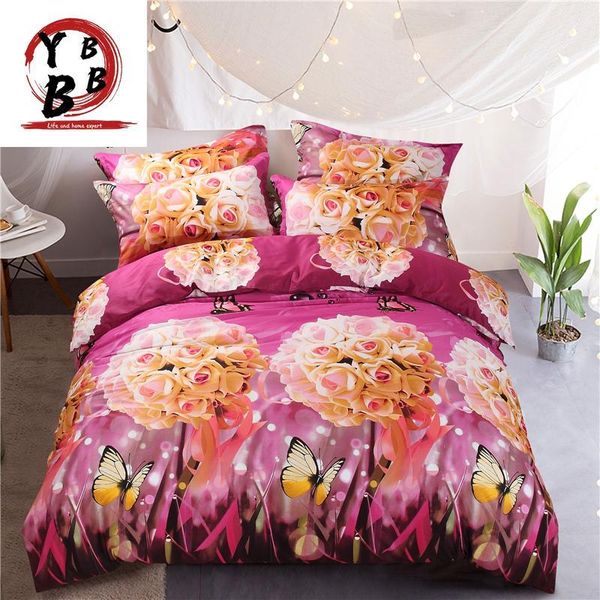 

beautiful cotton printed flower bedding set wedding bed sheet duvet cover pillowcase  king 4pcs rose butterfly quilt cover